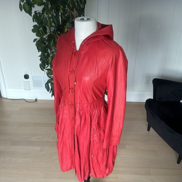 Vintage GENUINE Soft Coral Red Leather SCHAFSTALL Germany Parka Coat size 38 - Picture 4 of 16